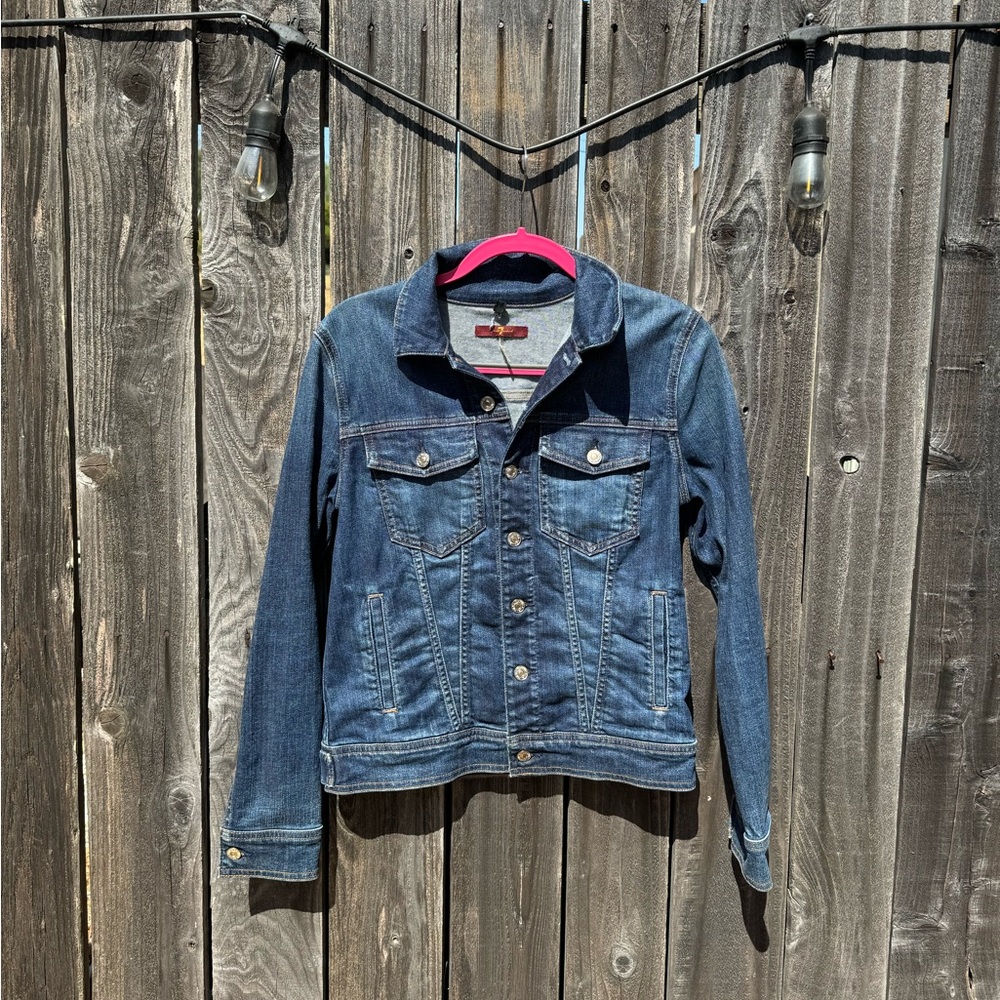 7 for All Mankind Medium Wash Distressed Denim Jacket Small Cotton Spandex